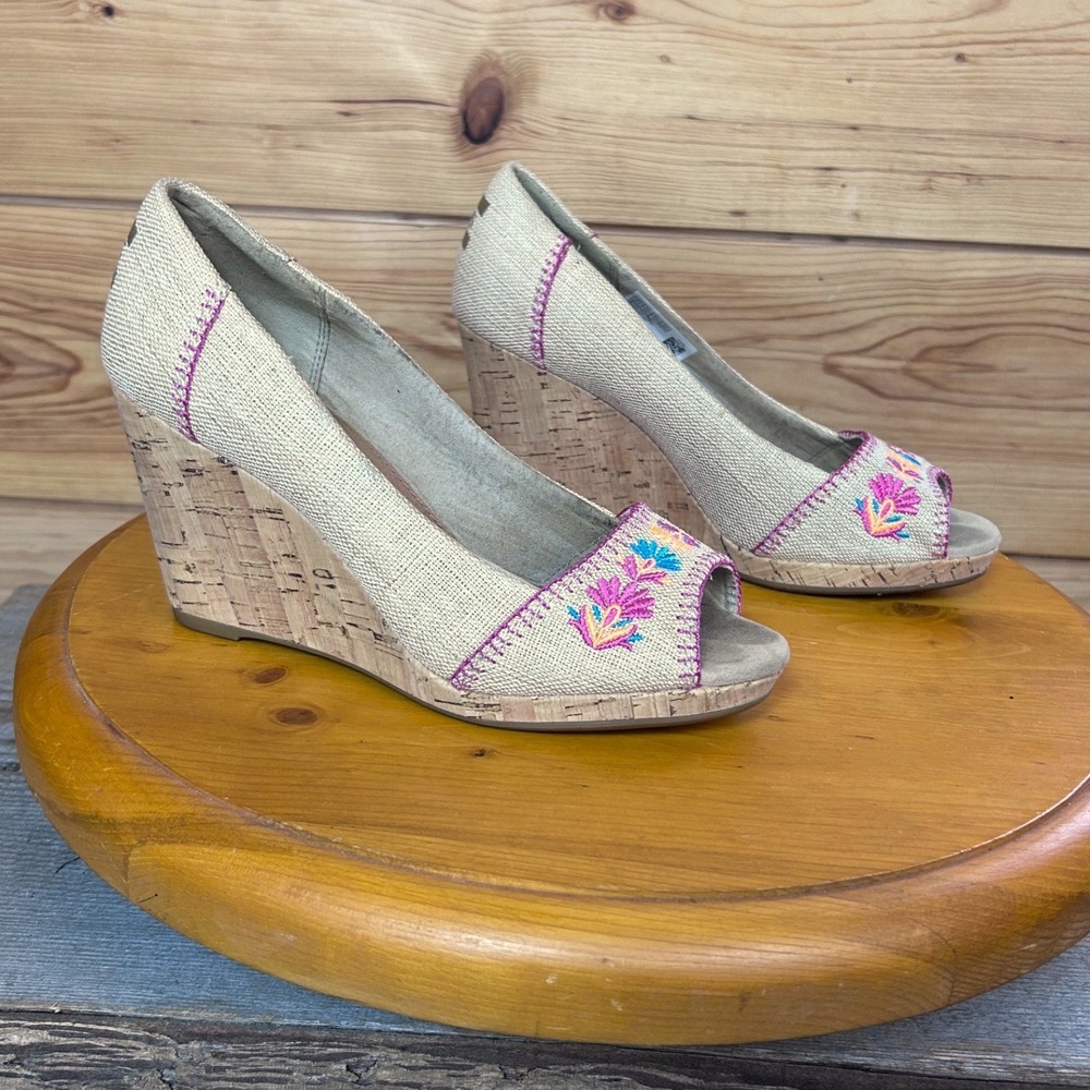 TOMS‎ Womens Linen Floral Embroidered Cork Wedge Sandals Tan Pink 6.5 10010551